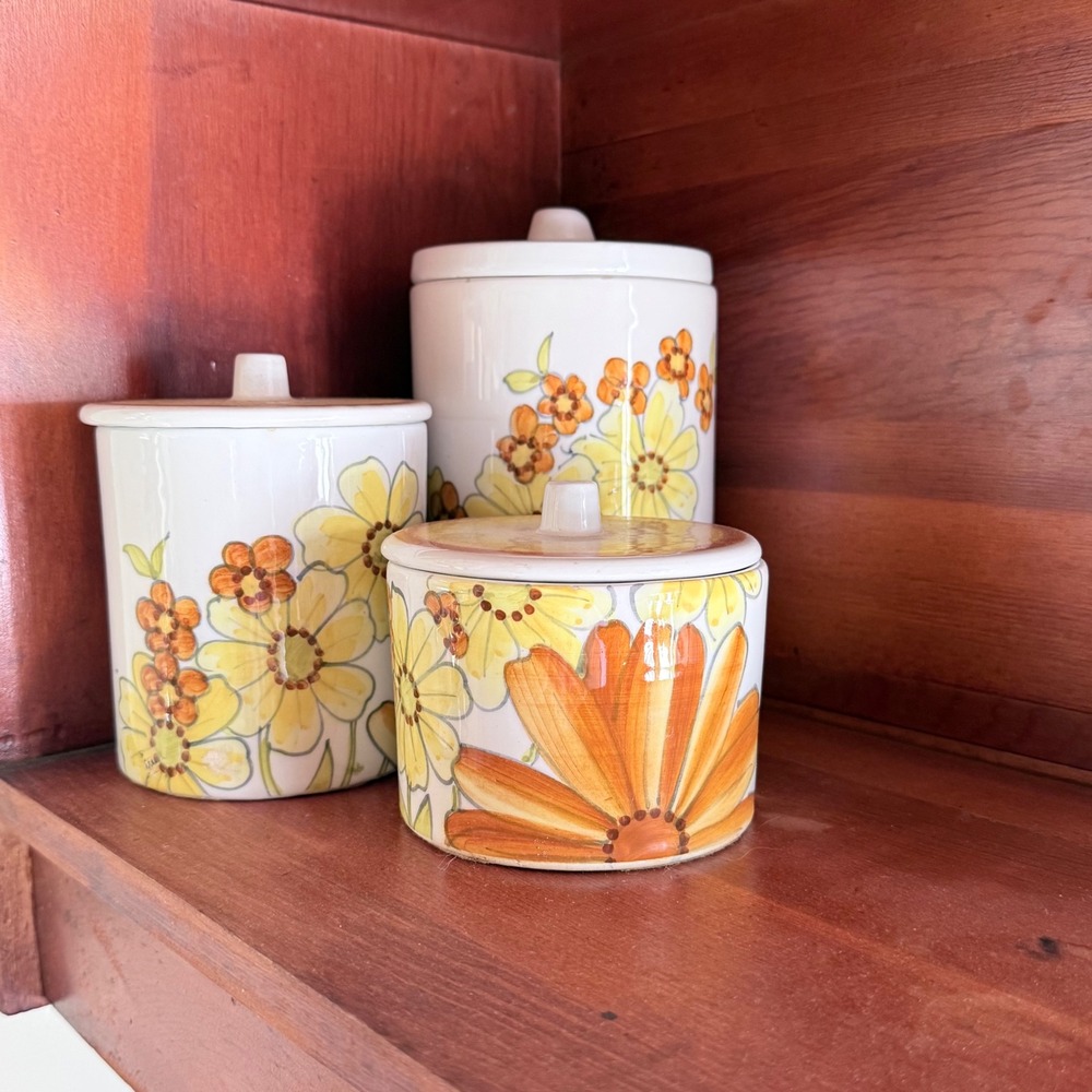 Set of 3 Cossa‎ Italy Handpainted Pottery Canisters Very Retro in Yellow, Orange